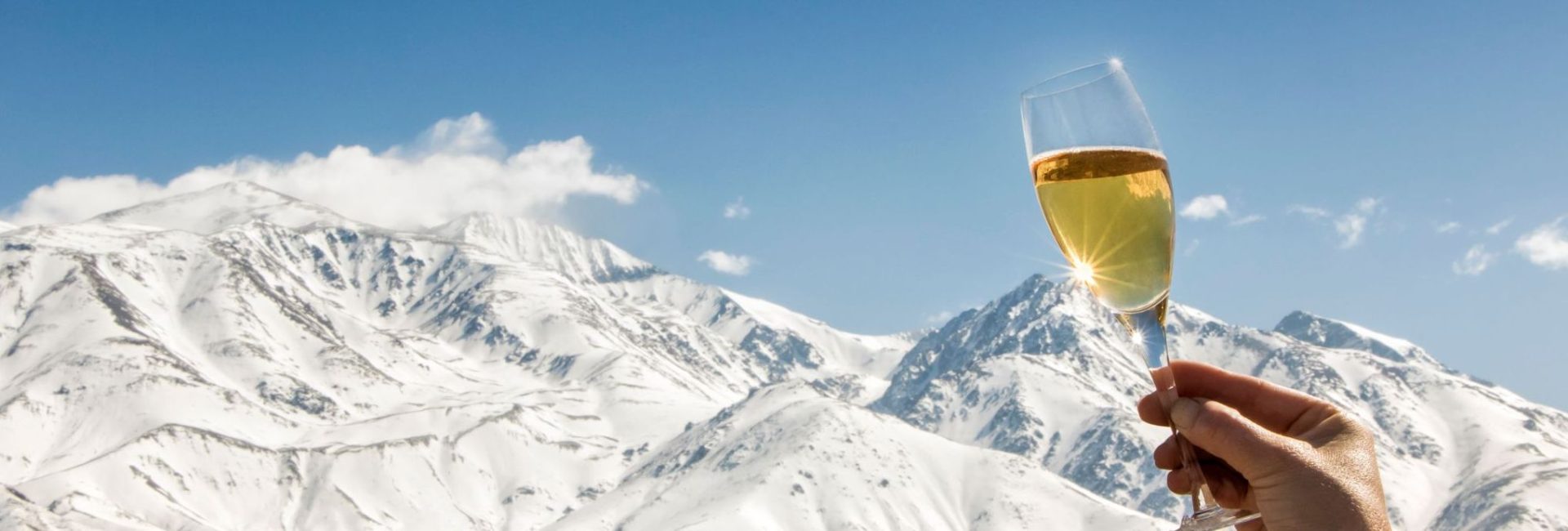 Celebration with champagne at foot of the snowy Alps.