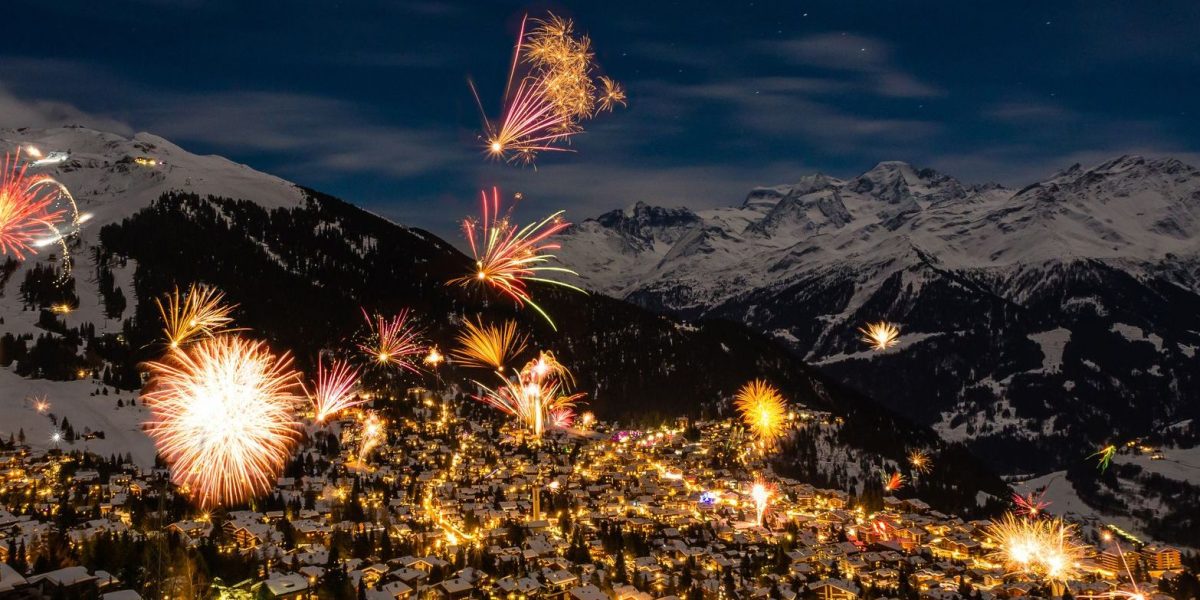 The firework display on New Years eve in the famous party ski resort of Verbier, Switzerland.